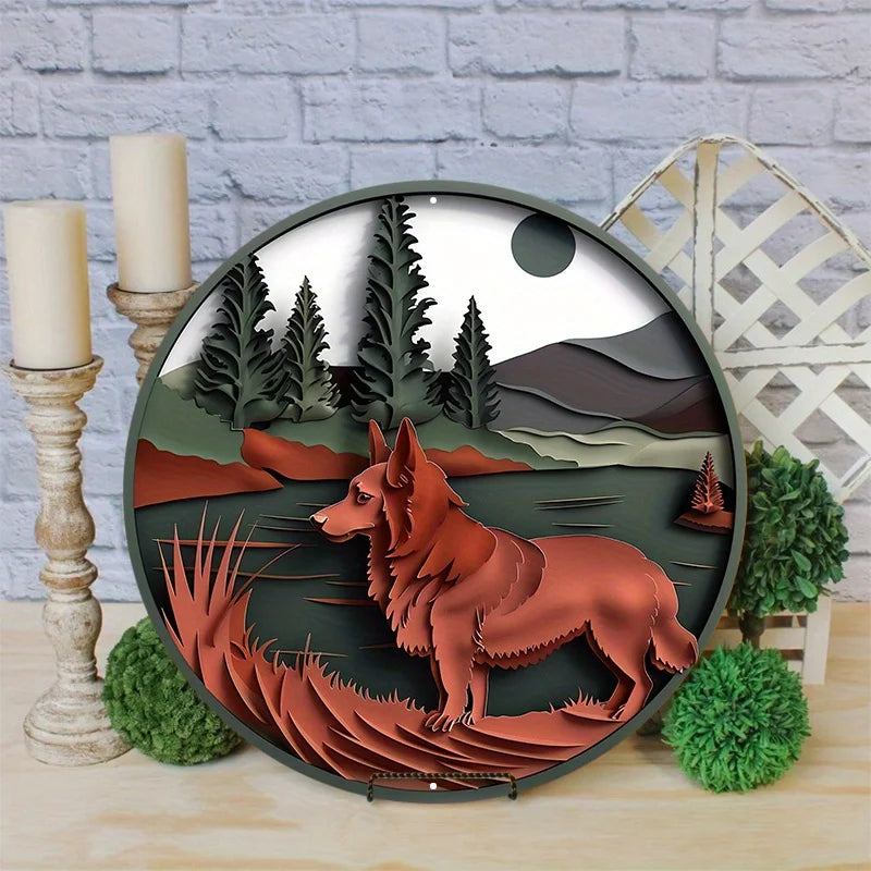 2D Flat Print, Pet Dog Themed Wreath Sign, Round Aluminum Metal Decor Sign, for Home, Apartmen, Wall Decoration, Holiday Gift