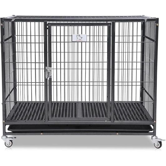 37 Inch Stackable Open Top Heavy Duty Dog Crate Cage for Medium Dog with Wheels and Removable Tray Easy Cleaning