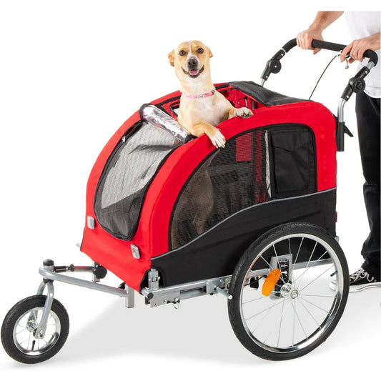2-in-1 Dog Bike Trailer, Pet Stroller Bicycle Carrier w/Hitch, Suspension, Visibility Flag and Reflectors, 66lb Weight Capacity