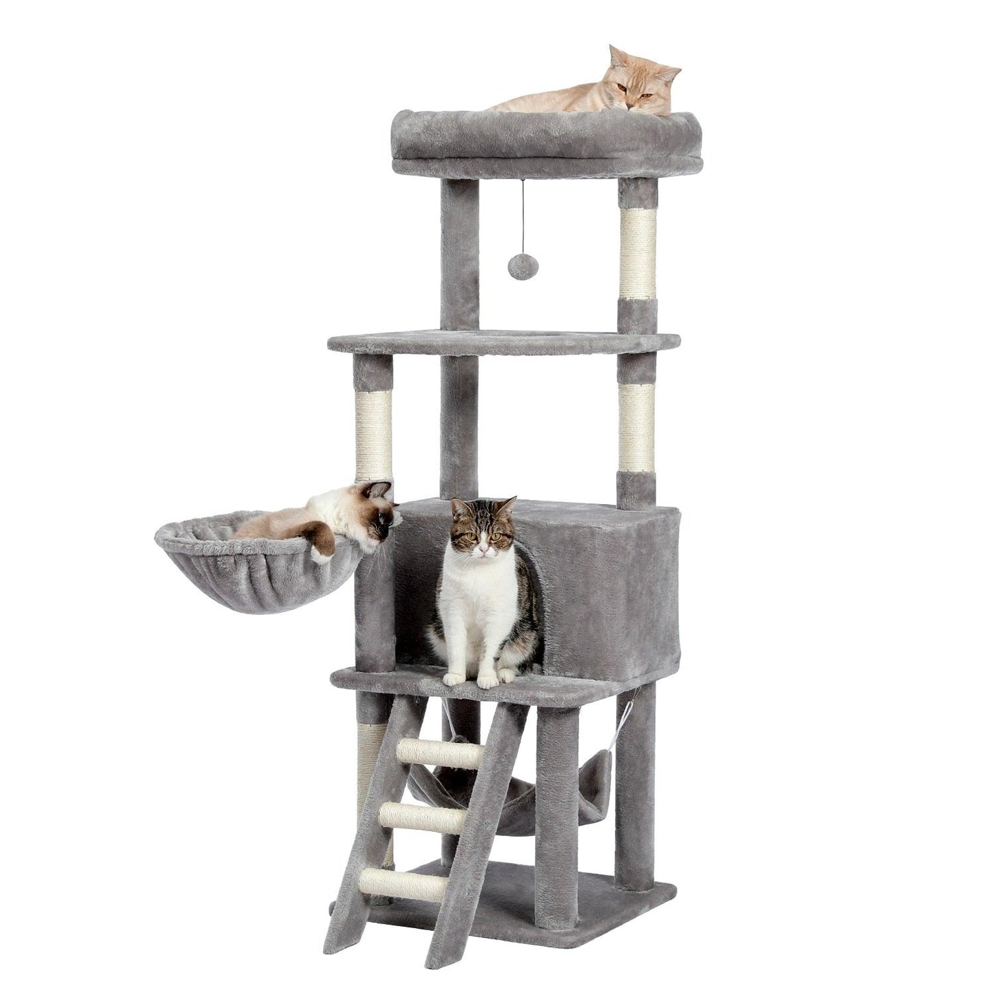 Cat Tree Towel Scratching Sisal Post Multi-Level Pet Climbing Tree with Hammock Bed Cat Ladder Extra Large Perch with Toy Ball - Pampered Pets