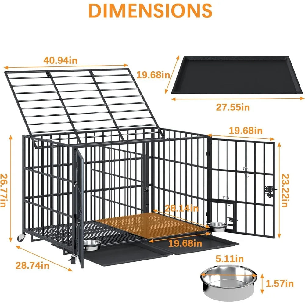 42 Inch Heavy Duty Metal Dog Crate for 2 Large Dog,All Metal Open Top Stackable,Dog Kennel Indoor with Divider and Feeding Bowl