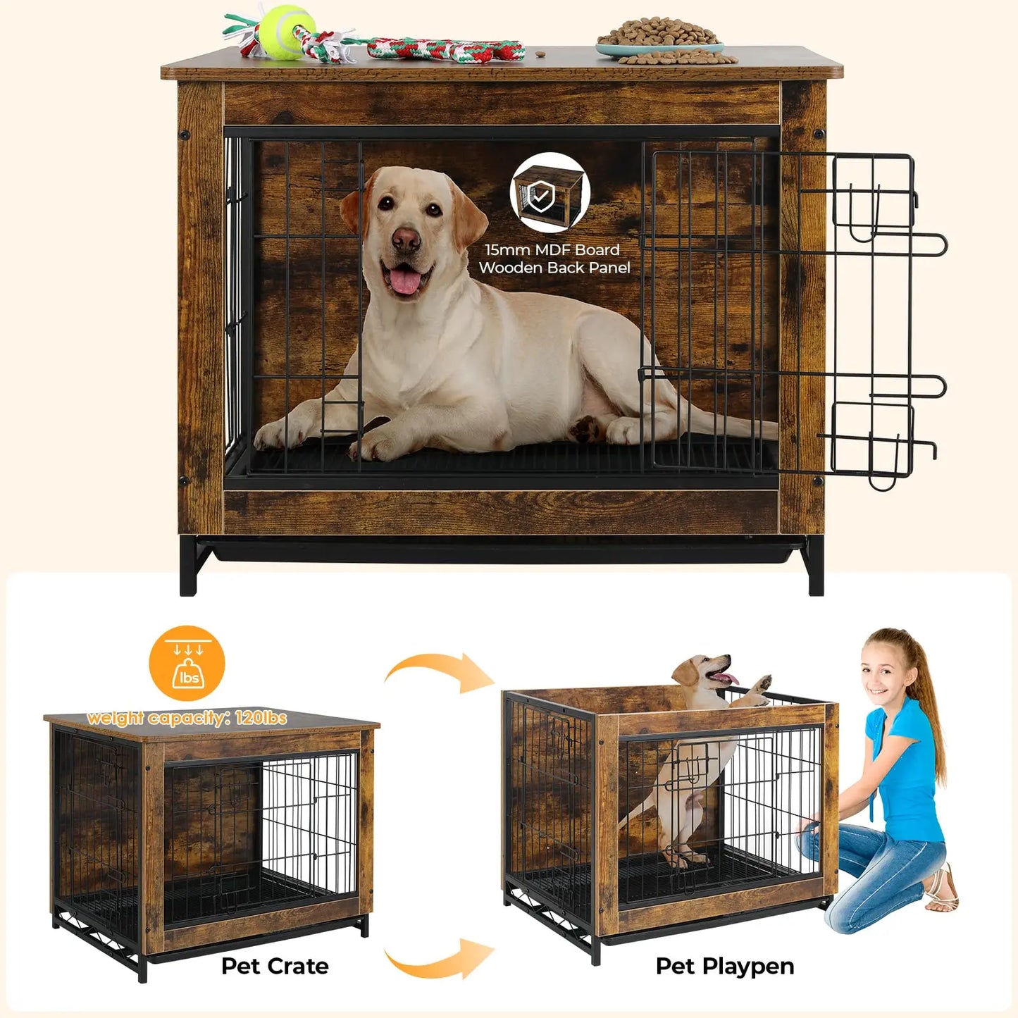 AOOU Dog Crate Furniture Wooden Side End Table Modern Dog Kennel with Double Doors Heavy-Duty Dog Cage w/Pull-Out Removable Tray