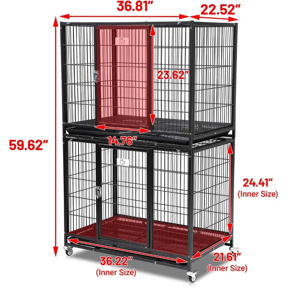 37 Inch Stackable Open Top Heavy Duty Dog Crate Cage for Medium Dog with Wheels and Removable Tray Easy Cleaning