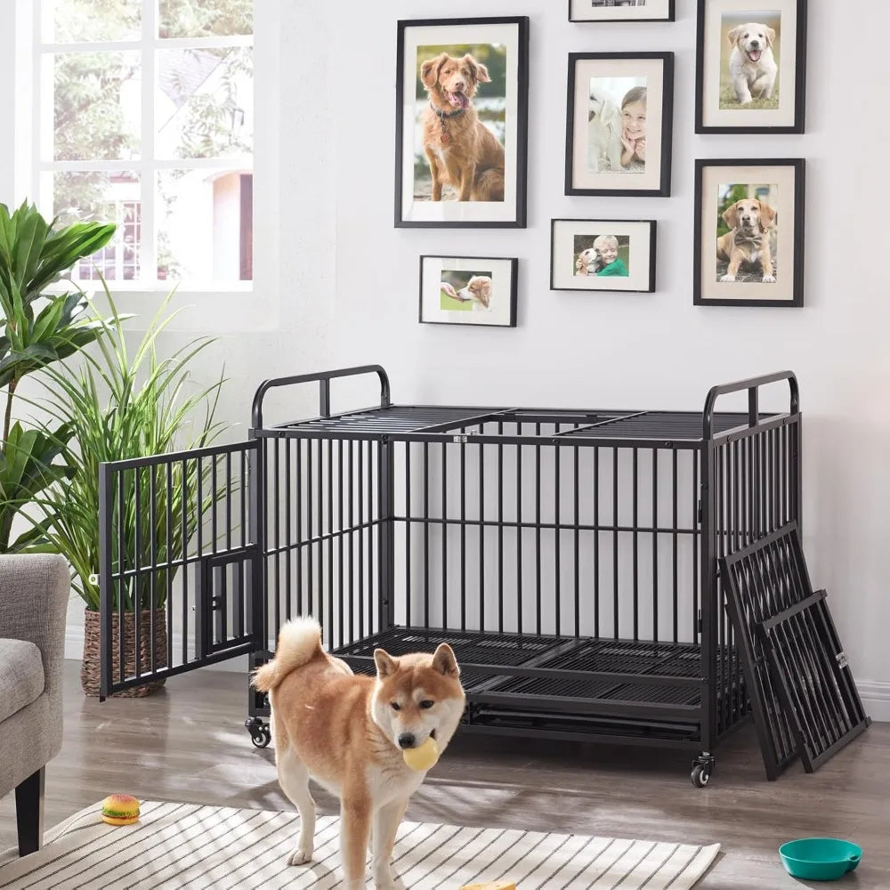 Dog Cage, Suitable for Large and Medium-sized Dogs, 48 Inches, Indoor with Wheels and Detachable Tray, Large Dog Cage