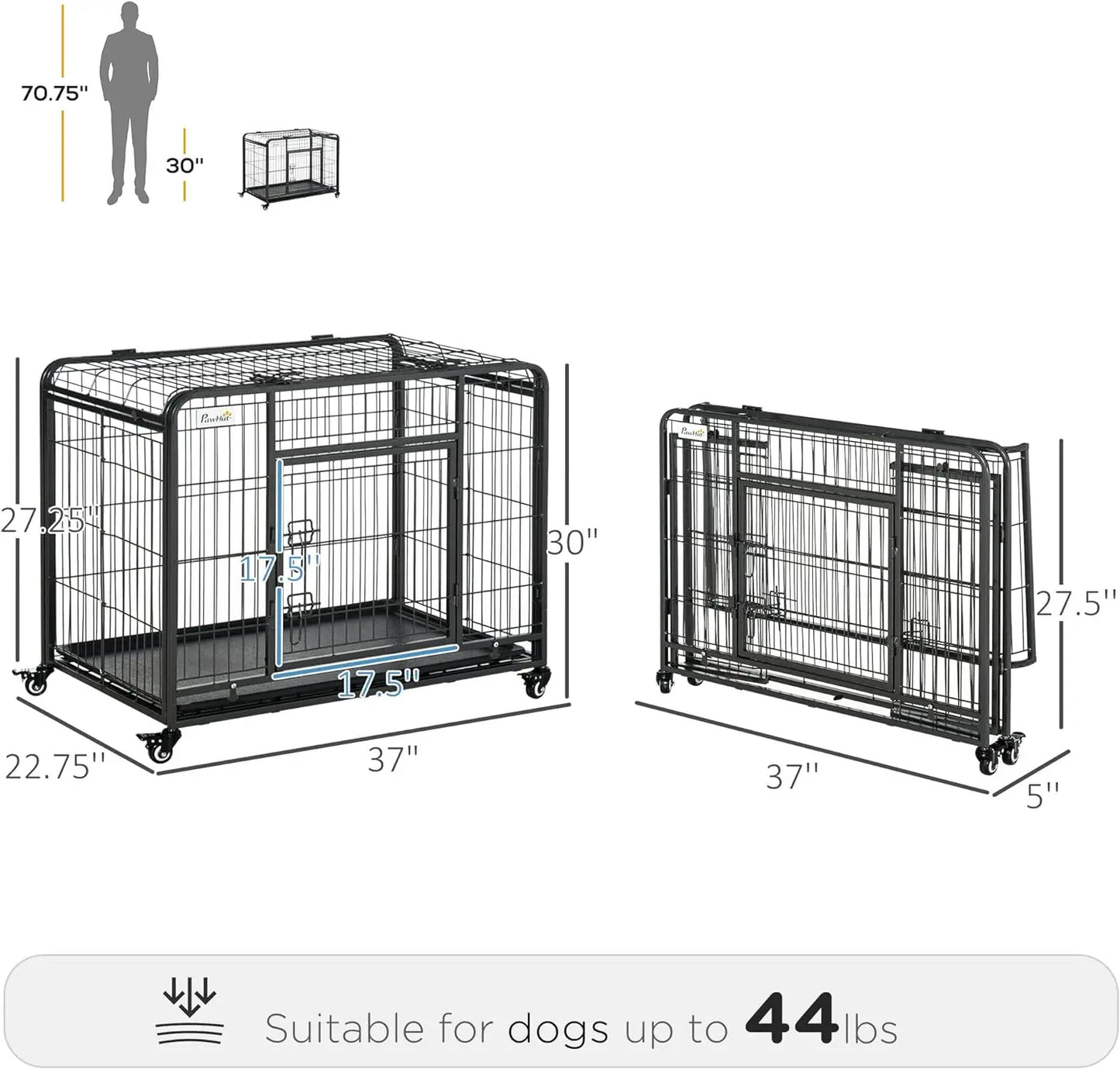 PawHut Folding Design Heavy Duty Metal Dog Cage Crate & Kennel with Removable Tray and Cover, & 4 Locking Wheels, Indoor/Outdoor