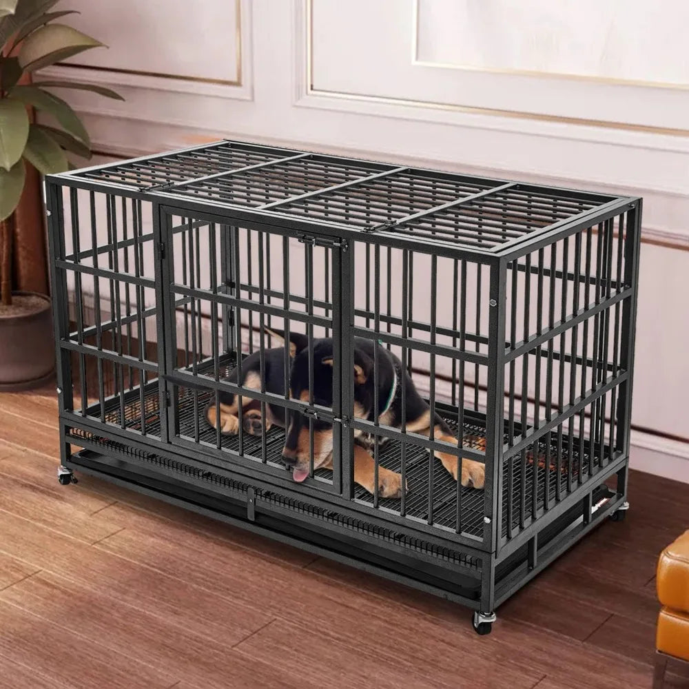 48 inch Heavy Duty Indestructible Dog Crate Steel Escape Proof, Indoor Double Door High Anxiety Cage, Kennel with Wheels