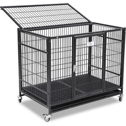 37 Inch Stackable Open Top Heavy Duty Dog Crate Cage for Medium Dog with Wheels and Removable Tray Easy Cleaning