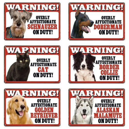 Border Collie on Duty Retro Tin Sign, Pets Dog Warning Sign, Bulldog Cat Whippet Metal Art Poster, Home Garden Yard Wall Decor