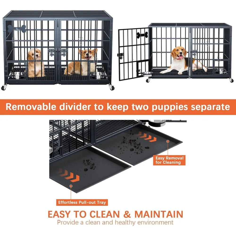 42 Inch Heavy Duty Metal Dog Crate for 2 Large Dog,All Metal Open Top Stackable,Dog Kennel Indoor with Divider and Feeding Bowl