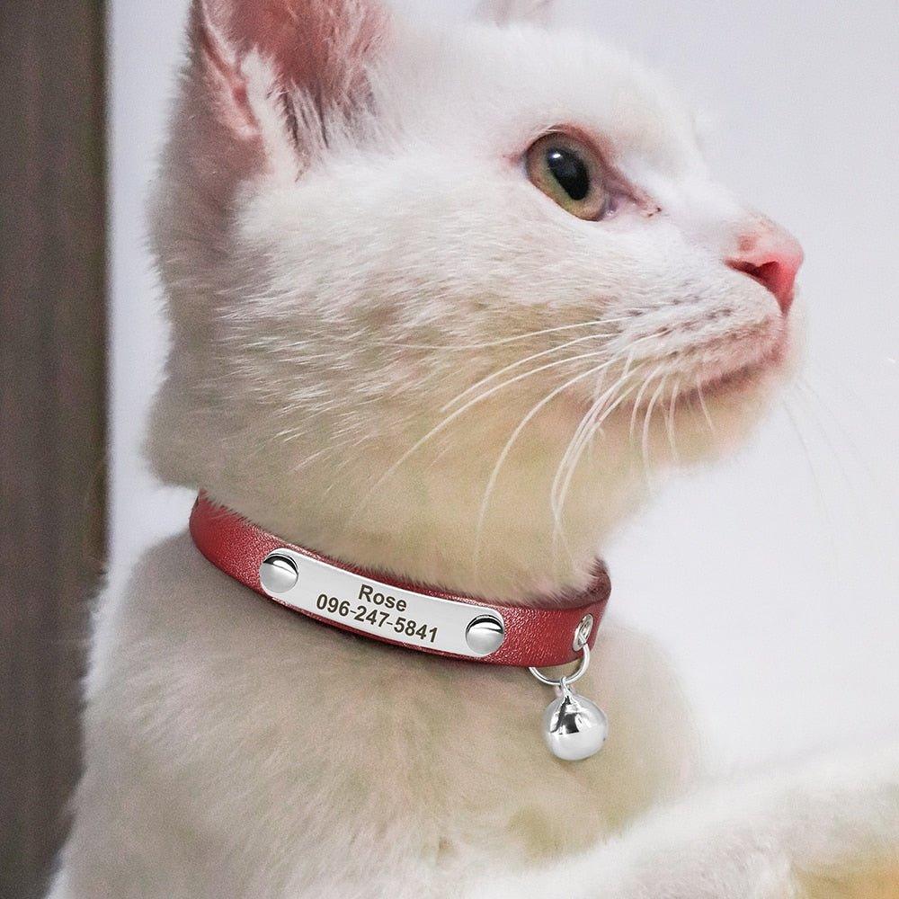 Personalized Cat Collar Adjustable Leather Pet Cats Collars Necklace Custom Puppy Kitten Name Collars Anti-lost Cat Accessories - Pampered Pets