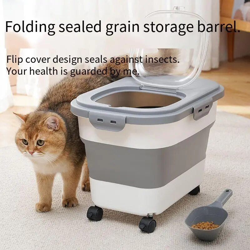 33Lbs Collapsible Pet Food Storage Container Folding Cat Dog Food Container with Lid Scoop and Wheels Kitchen Grain Storage Box - Pampered Pets