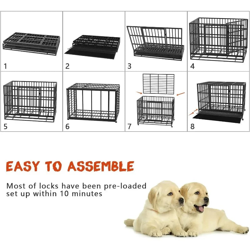 LEMBERI 48/38 inch Heavy Duty Indestructible Dog Crate, Escape Proof Dog Cage Kennel with Lockable Wheels