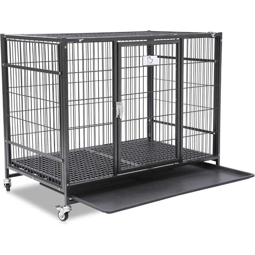 37 Inch Stackable Open Top Heavy Duty Dog Crate Cage for Medium Dog with Wheels and Removable Tray Easy Cleaning