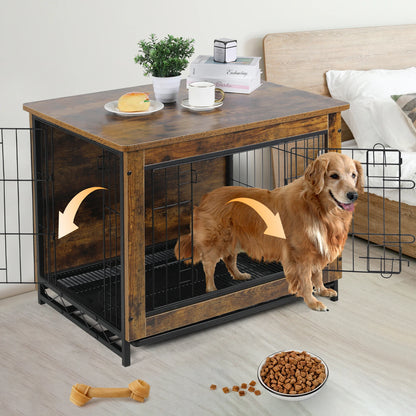 AOOU Dog Crate Furniture Wooden Side End Table Modern Dog Kennel with Double Doors Heavy-Duty Dog Cage w/Pull-Out Removable Tray