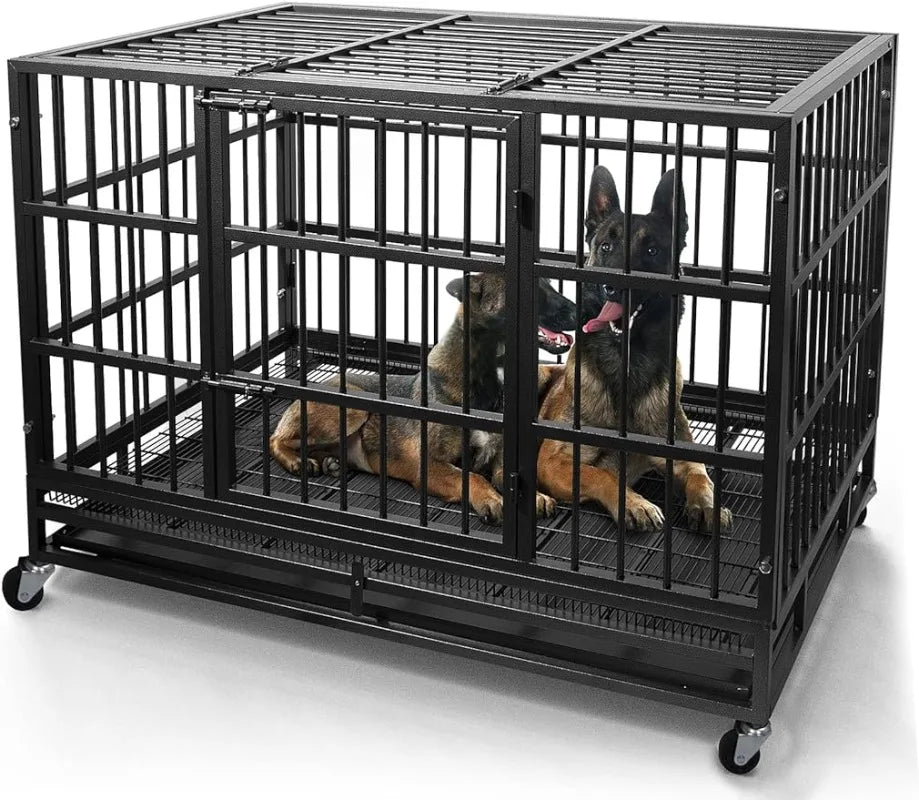 48/38 Inch Heavy Duty Dog Crate Cage Kennel with Wheels, High Indestructible, Sturdy Locks Design,Double Door and Removable Tray