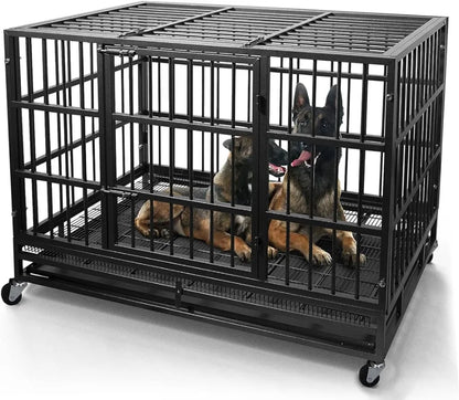 48/38 Inch Heavy Duty Dog Crate Cage Kennel with Wheels, High Indestructible, Sturdy Locks Design,Double Door and Removable Tray