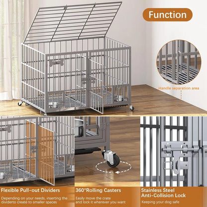 42 Inch Heavy Duty Metal Dog Crate for 2 Large Dog,All Metal Open Top Stackable,Dog Kennel Indoor with Divider and Feeding Bowl