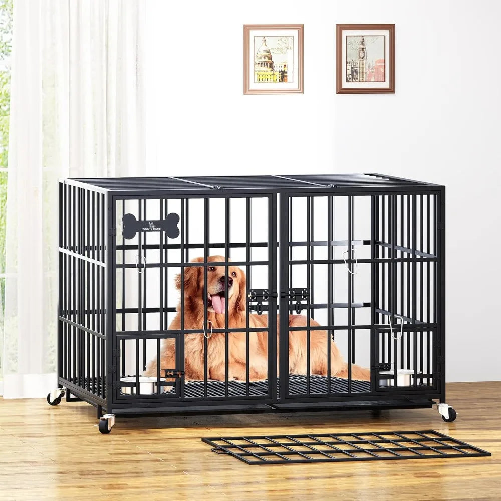 42 Inch Heavy Duty Metal Dog Crate for 2 Large Dog,All Metal Open Top Stackable,Dog Kennel Indoor with Divider and Feeding Bowl