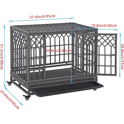 38" Heavy Duty Dog Crate Strong Metal Pet Kennel Playpen with Two Prevent Escape Lock, Large Dogs Cage with Wheels