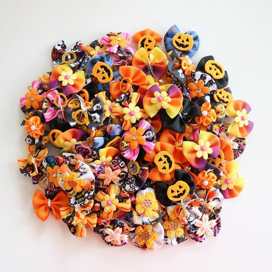 50PCS Fall Dog Hair Bows Pumpkin Skull Bows For Small Dog Cat Grooming Bows Halloween Pet Dog Hair Accessories Dog Supplies - Pampered Pets