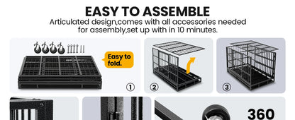 48/38 Inch Heavy Duty Dog Crate Cage Kennel with Wheels, High Indestructible, Sturdy Locks Design,Double Door and Removable Tray