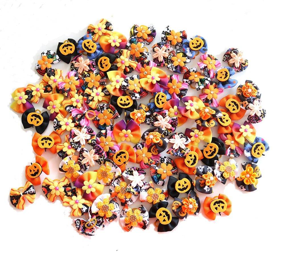 50PCS Fall Dog Hair Bows Pumpkin Skull Bows For Small Dog Cat Grooming Bows Halloween Pet Dog Hair Accessories Dog Supplies - Pampered Pets