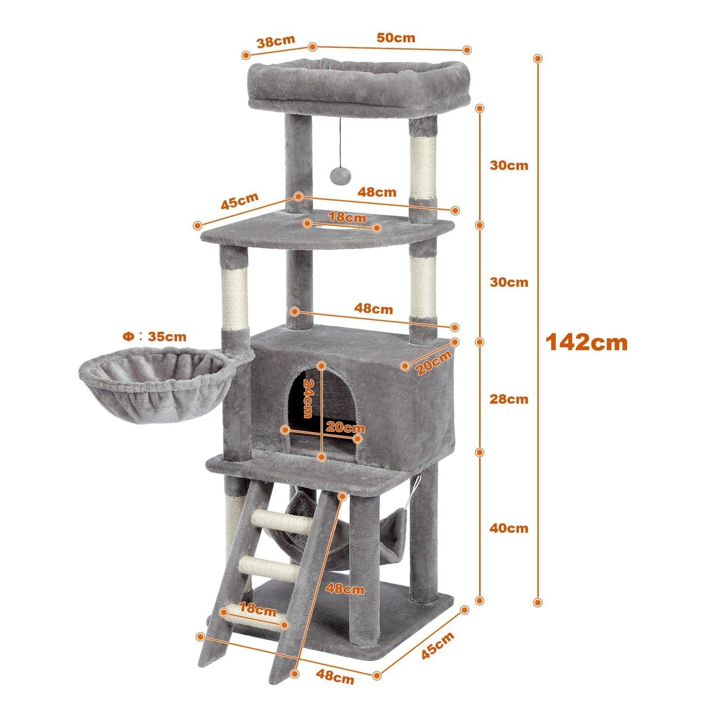 Cat Tree Towel Scratching Sisal Post Multi-Level Pet Climbing Tree with Hammock Bed Cat Ladder Extra Large Perch with Toy Ball - Pampered Pets