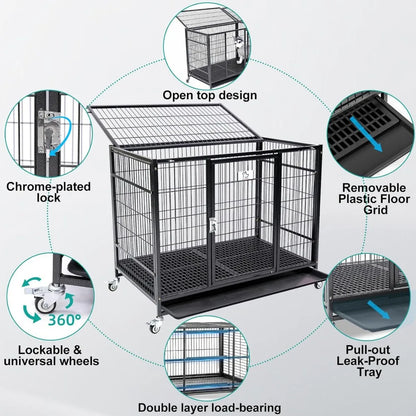 37 inch Stackable Open Top Heavy Duty Dog Crate Cage for Medium Dog with Wheels and Removable Tray