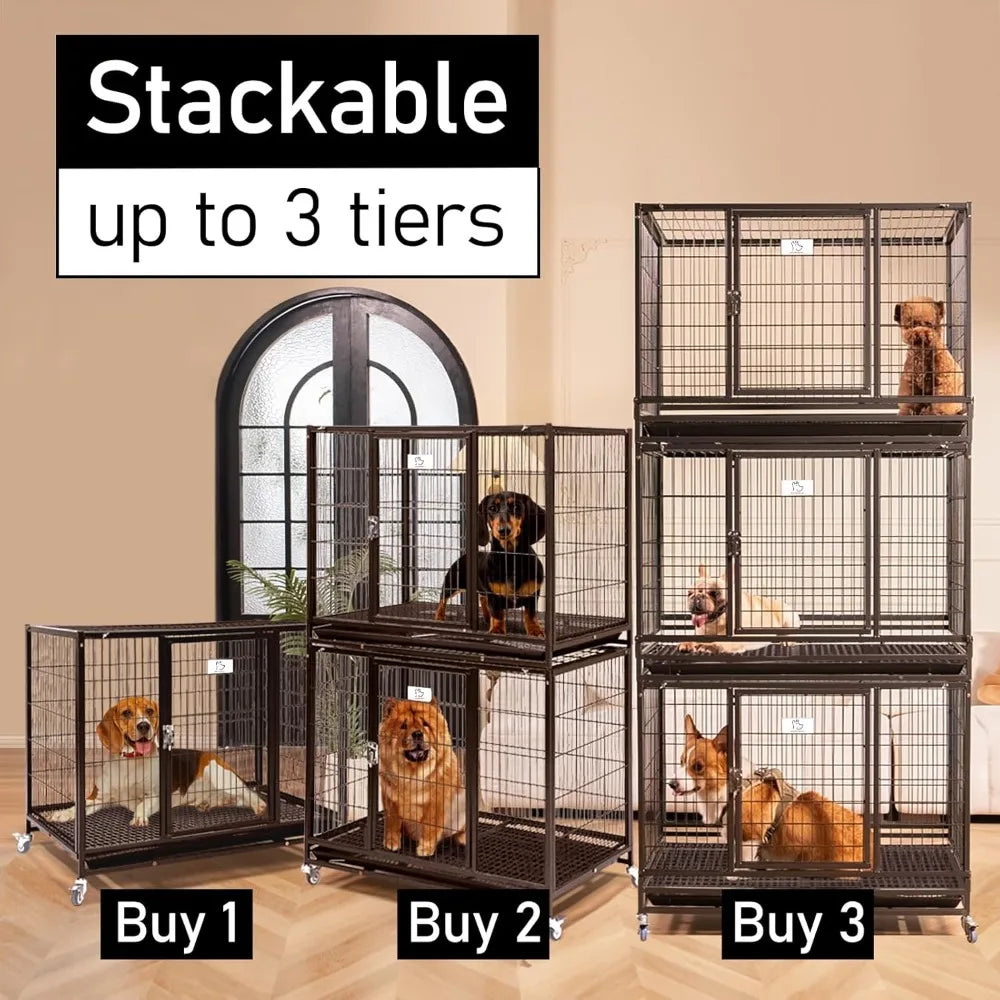 37 Inch Stackable Open Top Heavy Duty Dog Crate Cage for Medium Dog with Wheels and Removable Tray