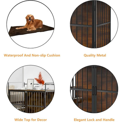 Furniture Style Large Dog Crate with 360° & Adjustable Raised Feeder for Dogs 2 Stainless Steel Bowls -End Table House Pad