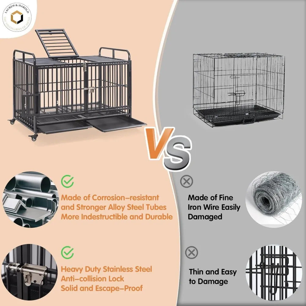 Dog Cage, Suitable for Large and Medium-sized Dogs, 48 Inches, Indoor with Wheels and Detachable Tray, Large Dog Cage