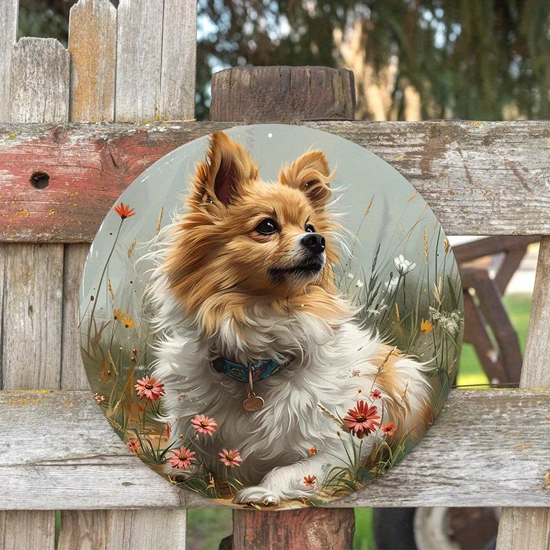 Aluminum Metal Sign, 2D Flat Circular Wreath Logo, Tavern Club Home Scene Decoration, Pomeranian, Gift for Dog Lovers