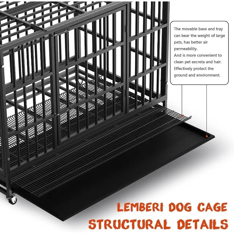 LEMBERI 48/38 inch Heavy Duty Indestructible Dog Crate, Escape Proof Dog Cage Kennel with Lockable Wheels