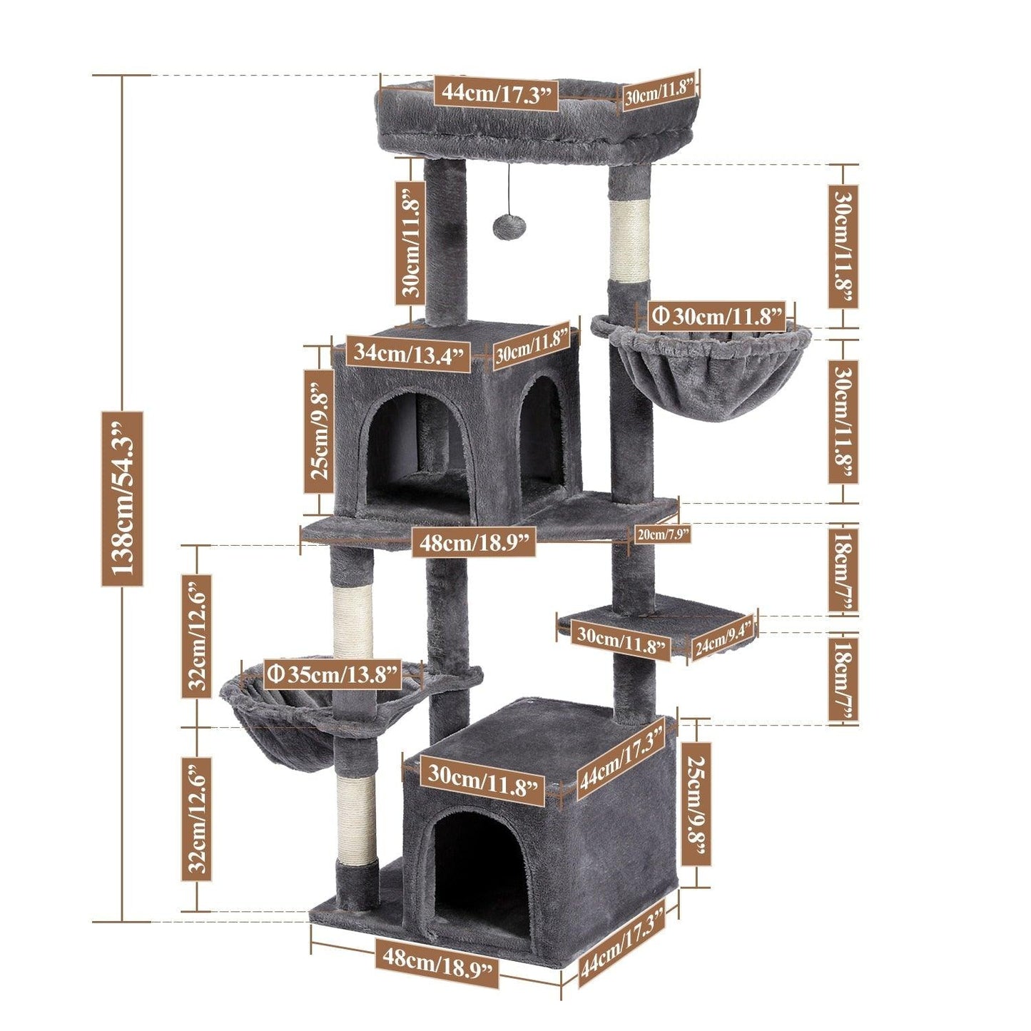 Cat Tree Towel Scratching Sisal Post Multi-Level Pet Climbing Tree with Hammock Bed Cat Ladder Extra Large Perch with Toy Ball - Pampered Pets