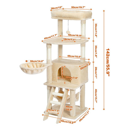 Cat Tree Towel Scratching Sisal Post Multi-Level Pet Climbing Tree with Hammock Bed Cat Ladder Extra Large Perch with Toy Ball - Pampered Pets