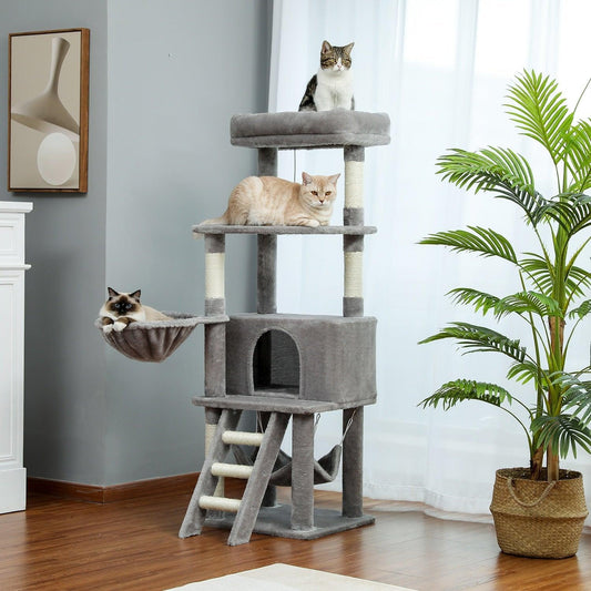 Cat Tree Towel Scratching Sisal Post Multi-Level Pet Climbing Tree with Hammock Bed Cat Ladder Extra Large Perch with Toy Ball - Pampered Pets