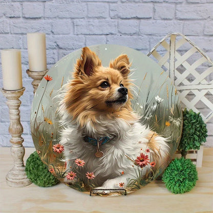 Aluminum Metal Sign, 2D Flat Circular Wreath Logo, Tavern Club Home Scene Decoration, Pomeranian, Gift for Dog Lovers