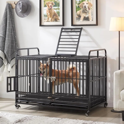 Dog Cage, Suitable for Large and Medium-sized Dogs, 48 Inches, Indoor with Wheels and Detachable Tray, Large Dog Cage