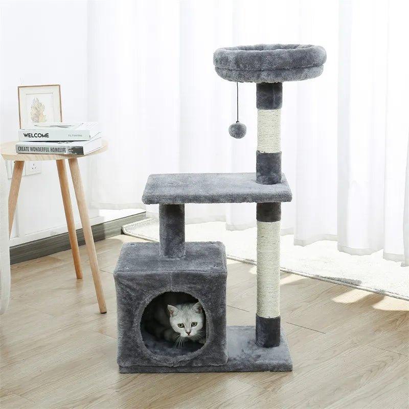 H228cm Cat Tree Toy Condo Cat Climbing Tower Multi-layer With Hammock Tower House Furniture Scratching Solid Wood Post for Kitty - Pampered Pets