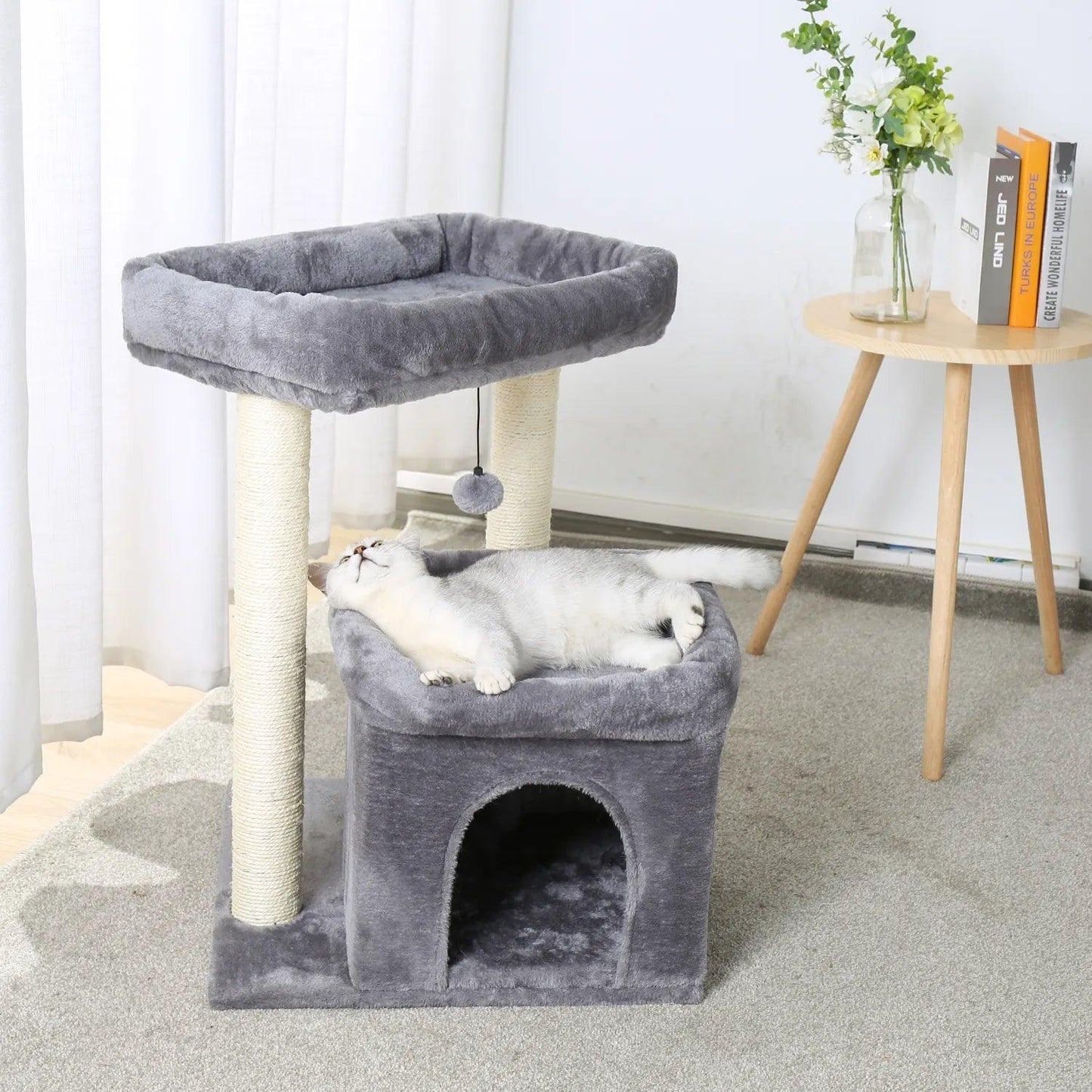 H228cm Cat Tree Toy Condo Cat Climbing Tower Multi-layer With Hammock Tower House Furniture Scratching Solid Wood Post for Kitty - Pampered Pets