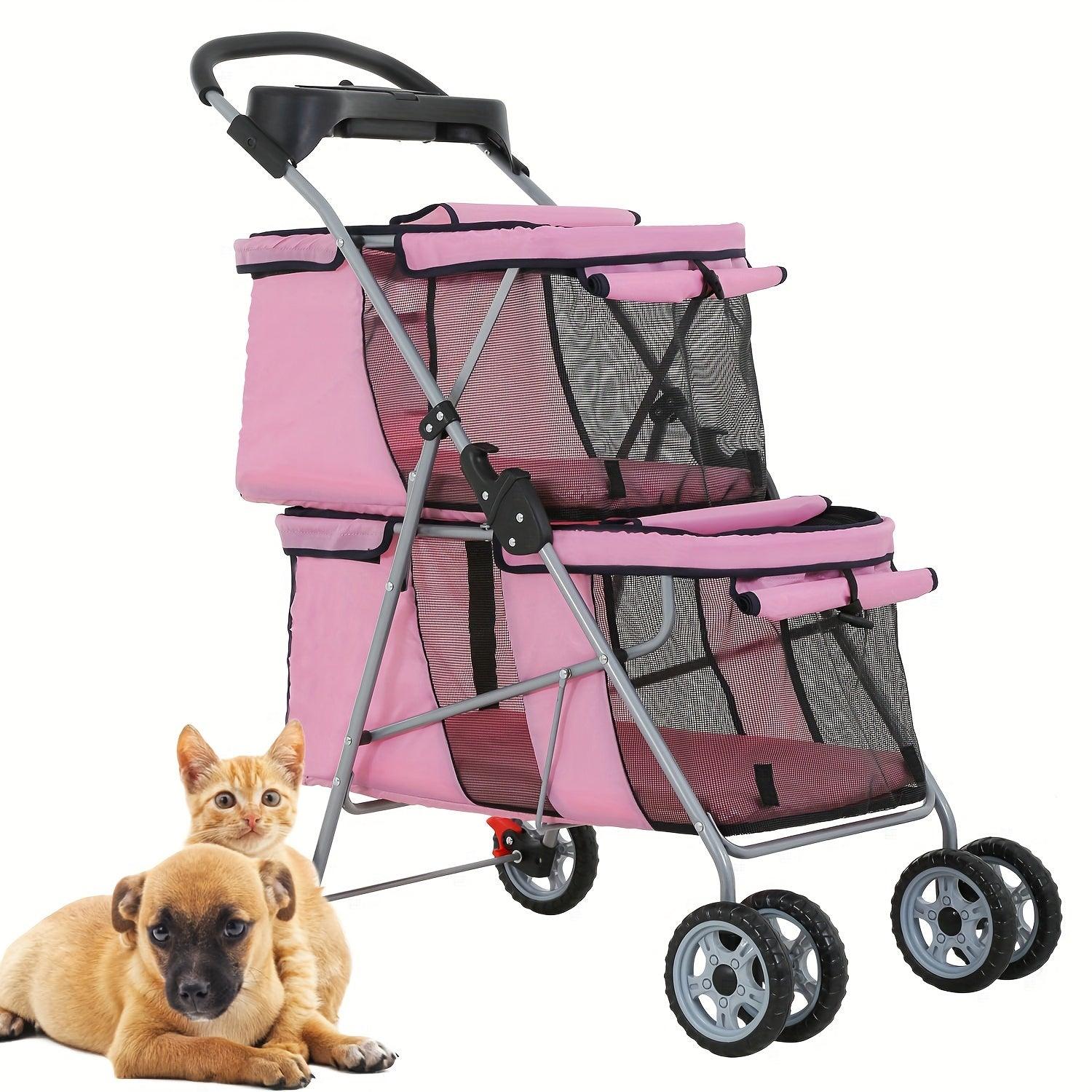 Pet Stroller Double Deck with Dual 4-Wheel Dog Cat Stroller Puppy for Small and Medium-Sized Pet Folding Portable Handcart with Cup Holder - Pampered Pets