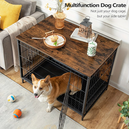 Boloni Dog Crate Furniture with Double Doors, Indoor Dog Kennel Furniture with Removable Tray for Small Medium Dogs, Rustic Brown