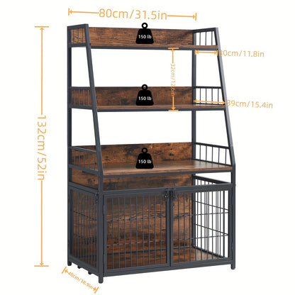 Wooden Dog Crate Furniture, Decorative Indoor Pet Kennel With 3-Door Heavy Duty Anti-Chew Design And Multi-Layer Storage Shelf, Suited For Small Breed Dogs