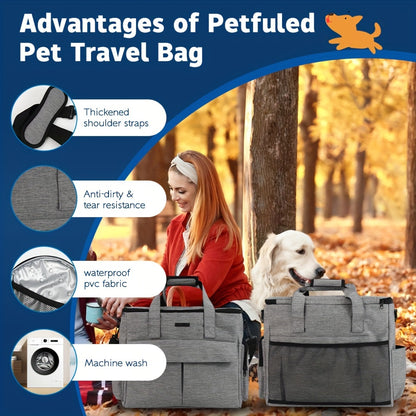 Large 5 PCS Dog Travel Bag for Supplies, Weekend Pet Travel Set for Dog and Cat, Airline Approved Tote Organizer with Multi-Function Pockets 2 Pet Food Containers and 2 Collapsible Silicone Bowls(Grey) - Pampered Pets