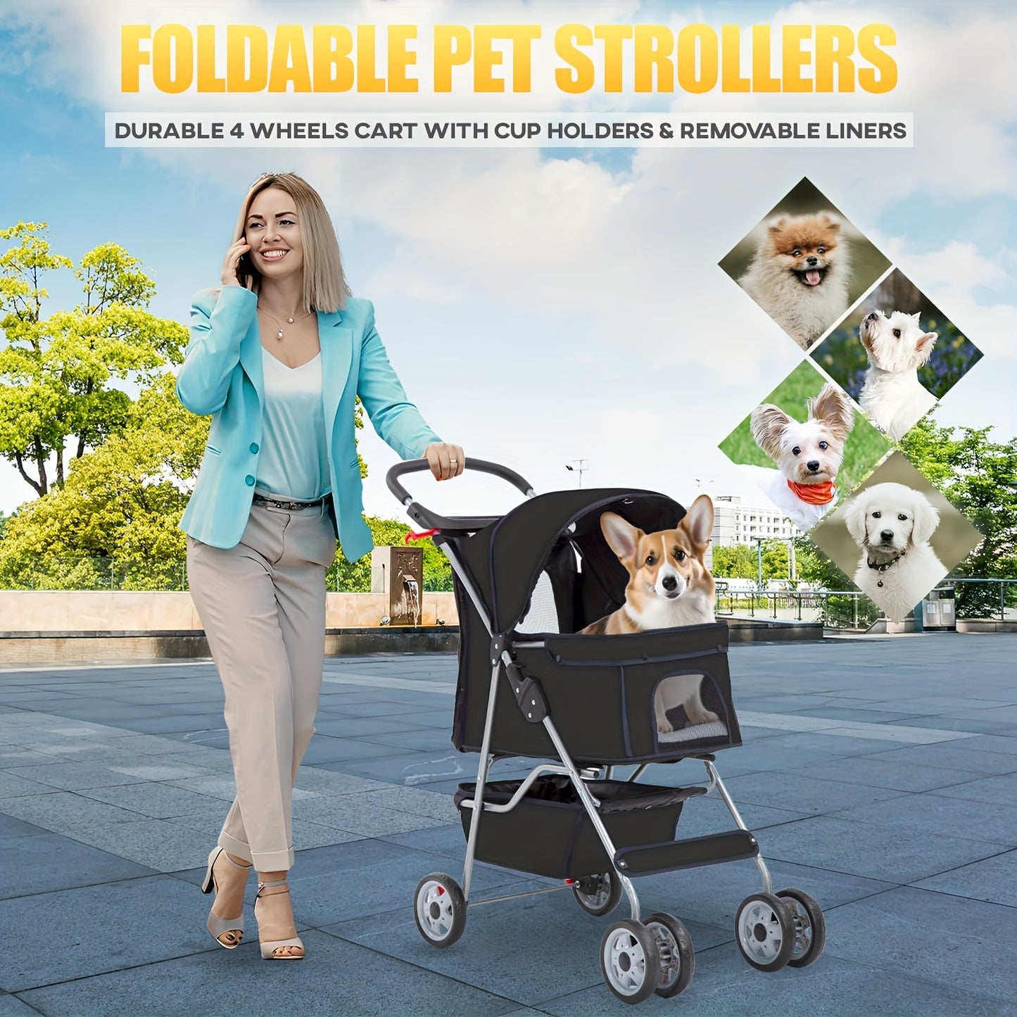 4 Wheels Pet Stroller - Comfortable and Convenient Carrier for Dogs and Cats - Spacious Storage, Cup Holder, Portable, Breathable, and Perfect for Outdoor Adventures