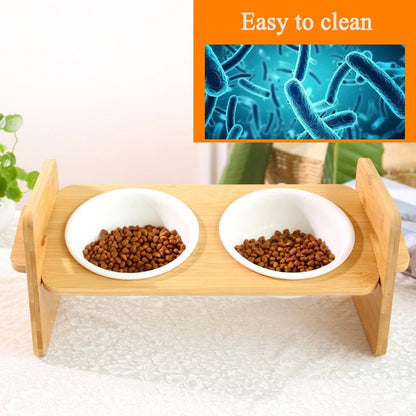 1/2 bowls pets double bowl dog cat food water feeder stand raised ceramic dish bowl wooden table pet supplies - 2