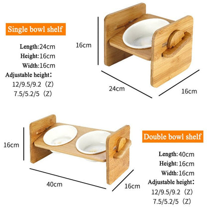 1/2 bowls pets double bowl dog cat food water feeder stand raised ceramic dish bowl wooden table pet supplies - 3