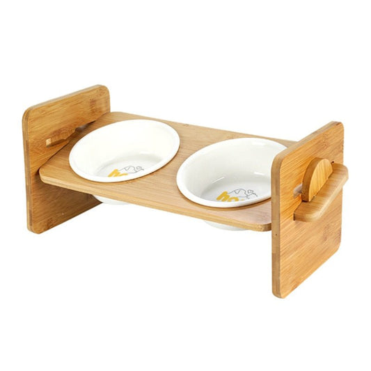 1/2 bowls pets double bowl dog cat food water feeder stand raised ceramic dish bowl wooden table pet supplies - 0