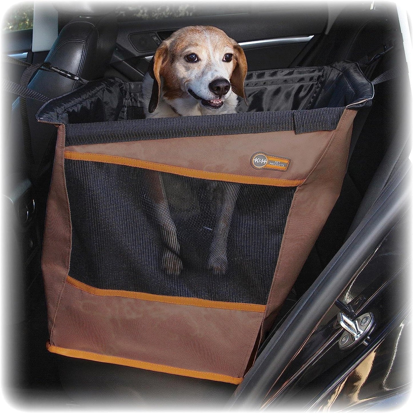 K&H PET PRODUCTS Buckle N' Go Dog Car Seat for Medium Dogs, Waterproof Fabric with Breathable Mesh & Adjustable Dog Seat Belt for Car, Dog Hammock for Car, Dog Barrier Dog Car Seat Cover - Tan SM/MD - Pampered Pets