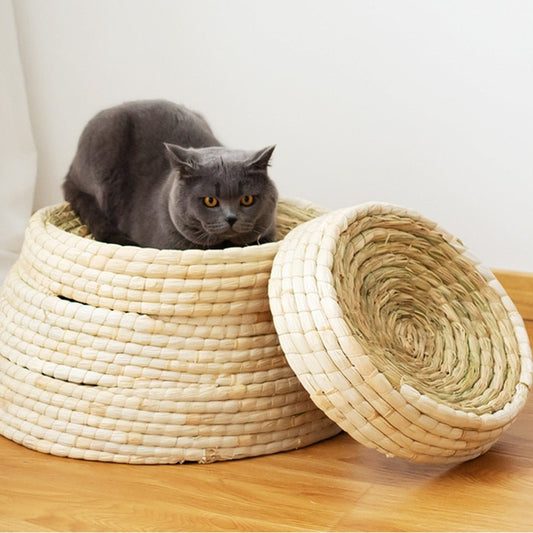 Pet Straw Braided Bed Puppy Kennel Cat Nest Kitten Scratching Sleeping Mat Pets House Cats Grinding Claw Cushion Pad - Pampered Pets